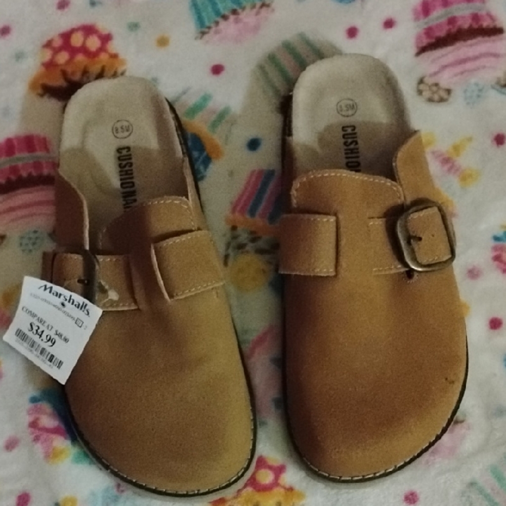 Cushionaire Tan Slip-On Buckle Clogs
